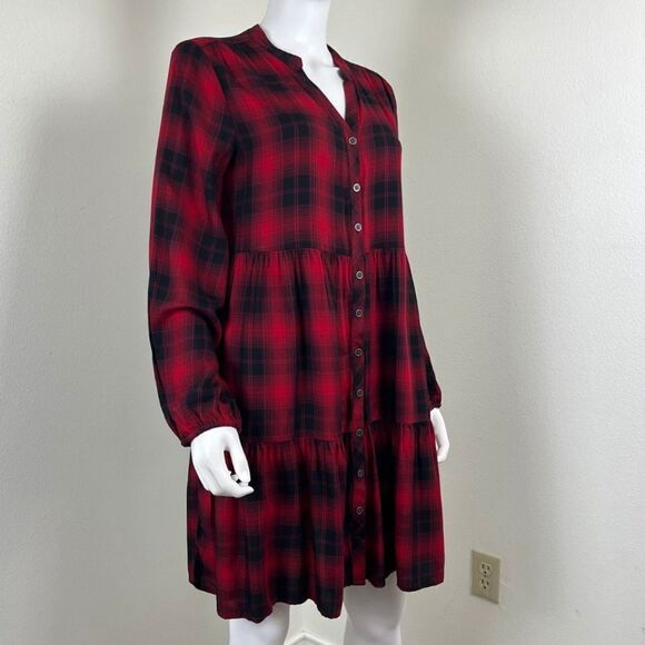 Knox Rose Womens Size M Red Plaid Long Sleeve Tiered Button Down Mini Dress - Picture 7 of 13